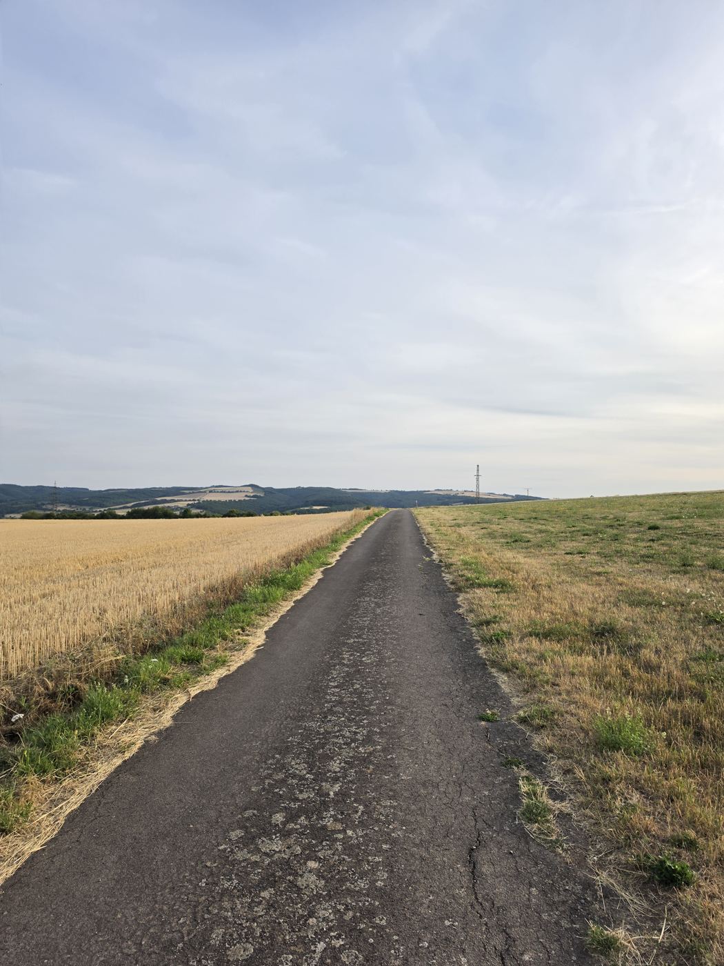 Asphaltweg am Stoppelfeld mit Blick ins Tal