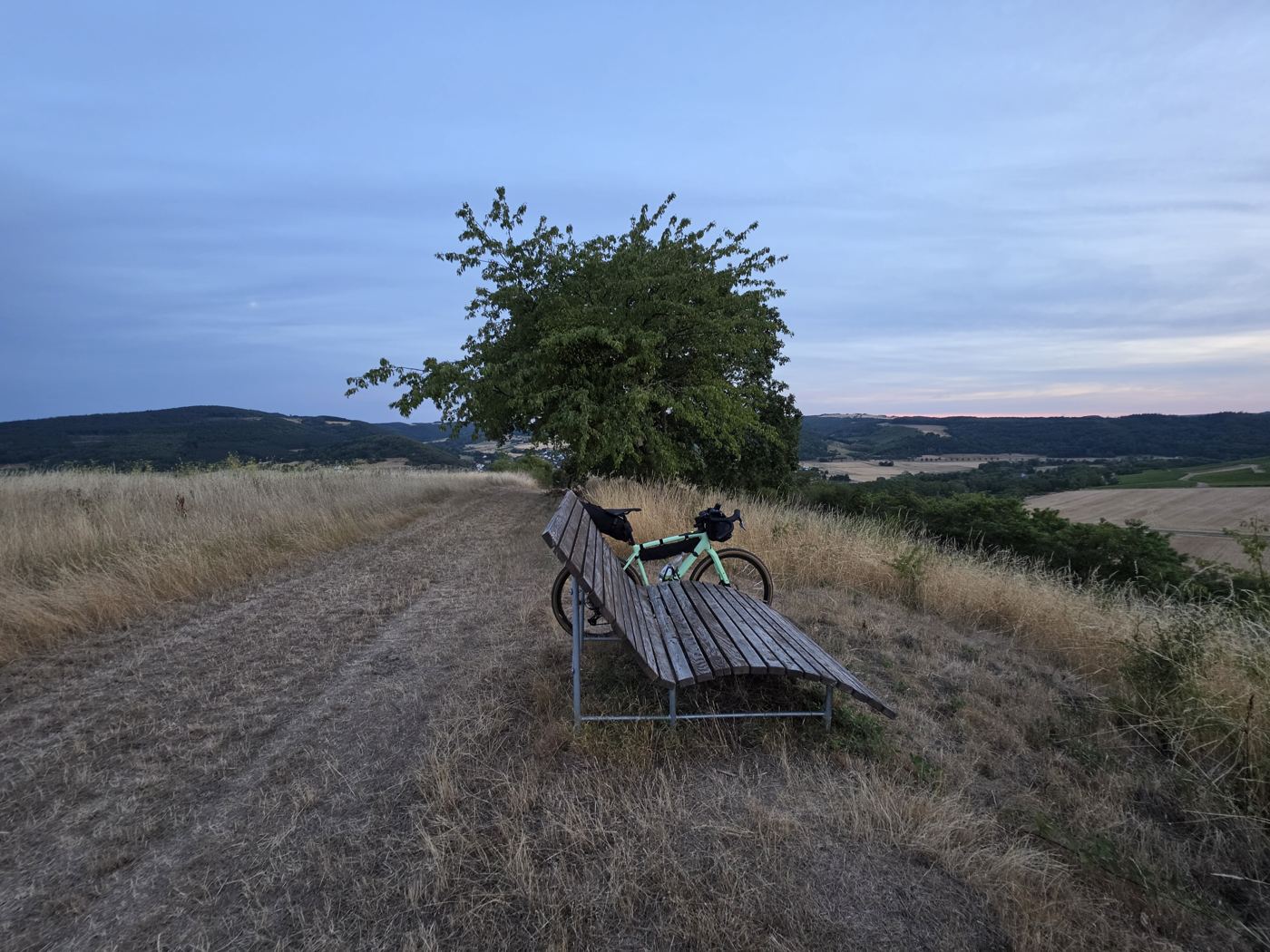 Hölzerne Himmelsliege auf einem Hügelrücken neben einem Baum, dahinter lehnt das ROSE, Dämmerung