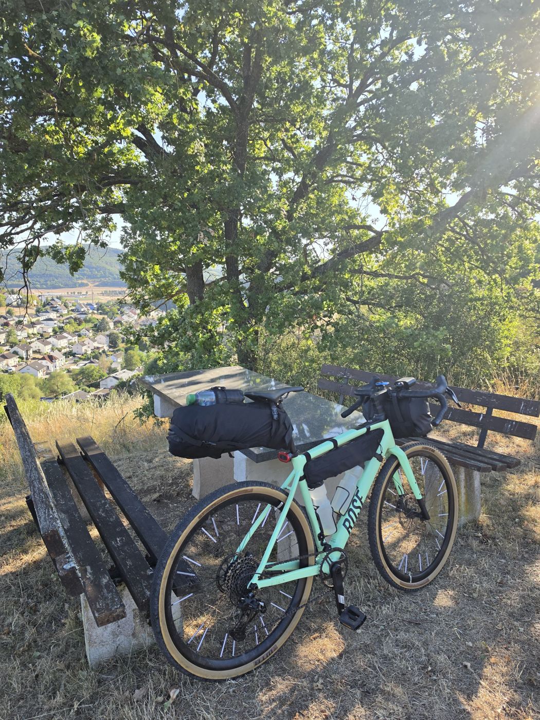 Mintgrünes Gravelbike mit Bikepacking-Taschen lehnt an einer Bank mit Tisch unter Eichen, unten im Tal die Dächer von Monzingen