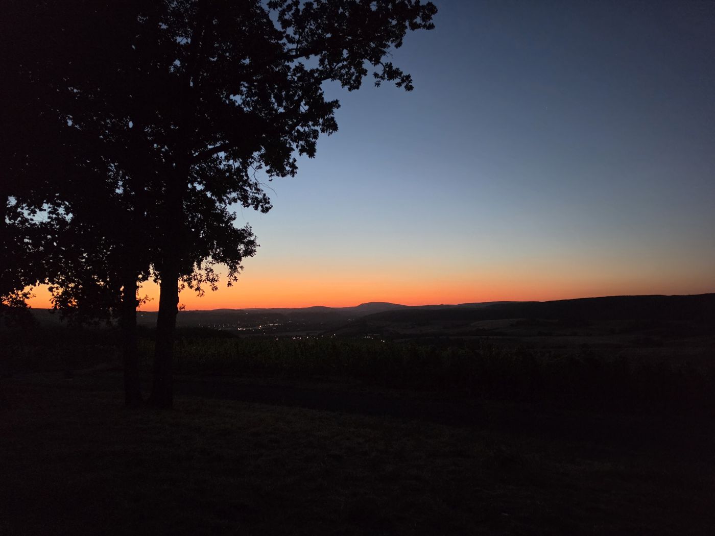 Morgenrot über dem Nahetal kurz vor Sonnenaufgang, oranger Streifen über den Hügeln, davor die Silhouette einer Eiche