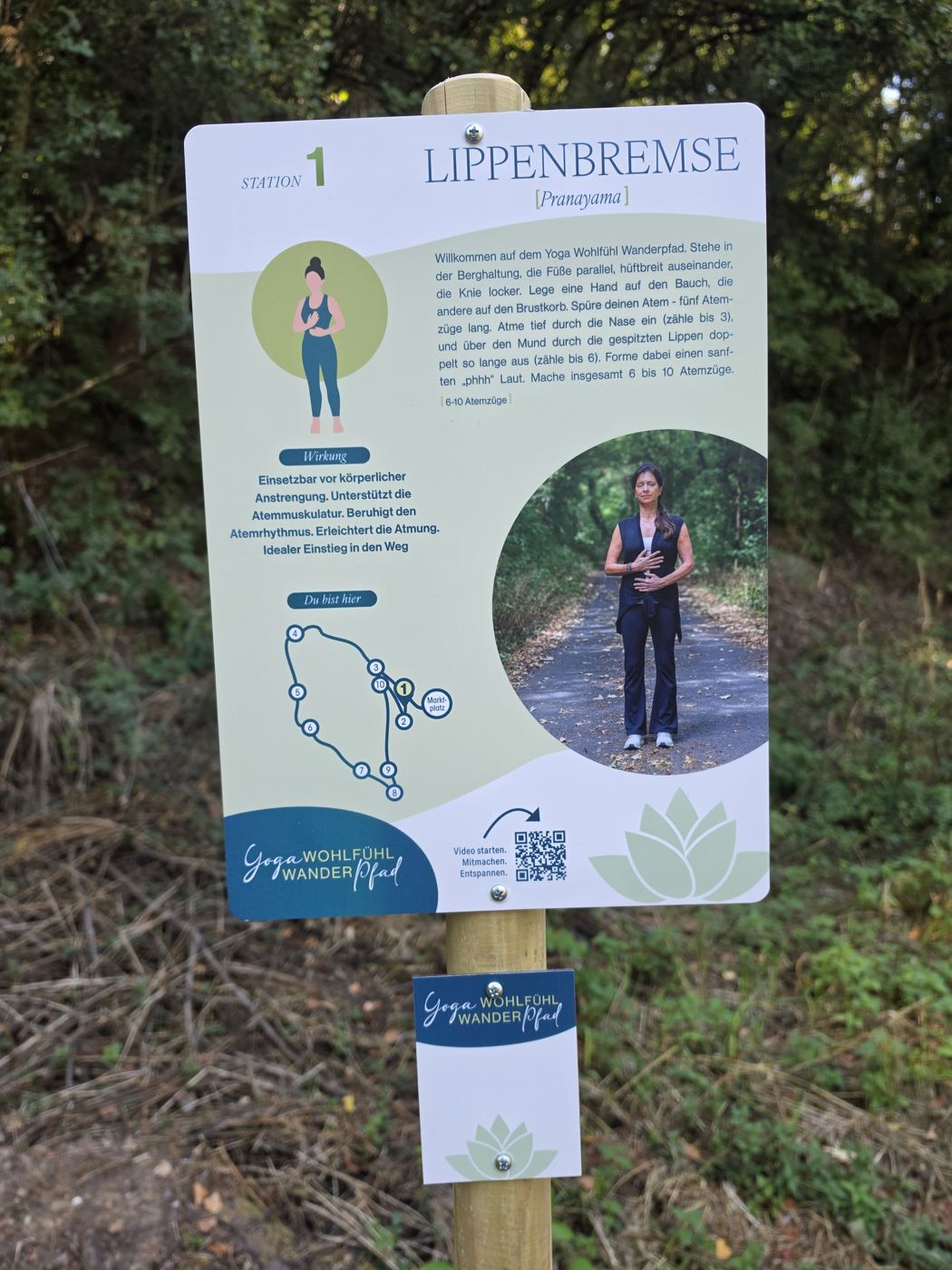 Schild Station 1 Lippenbremse des Yoga-Wohlfühl-Wanderpfads am Waldrand