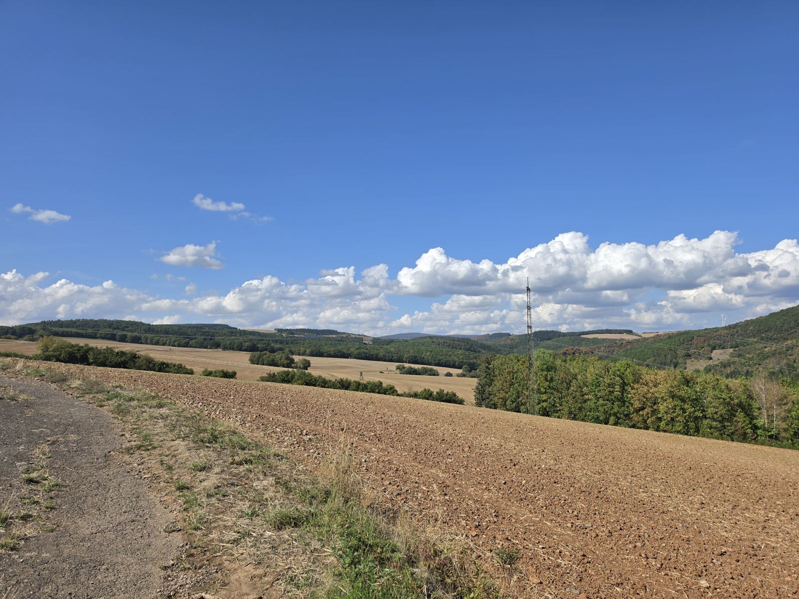 Panorama über gepflügten Acker und bewaldete Hügel bei Monzingen unter blauem Himmel
