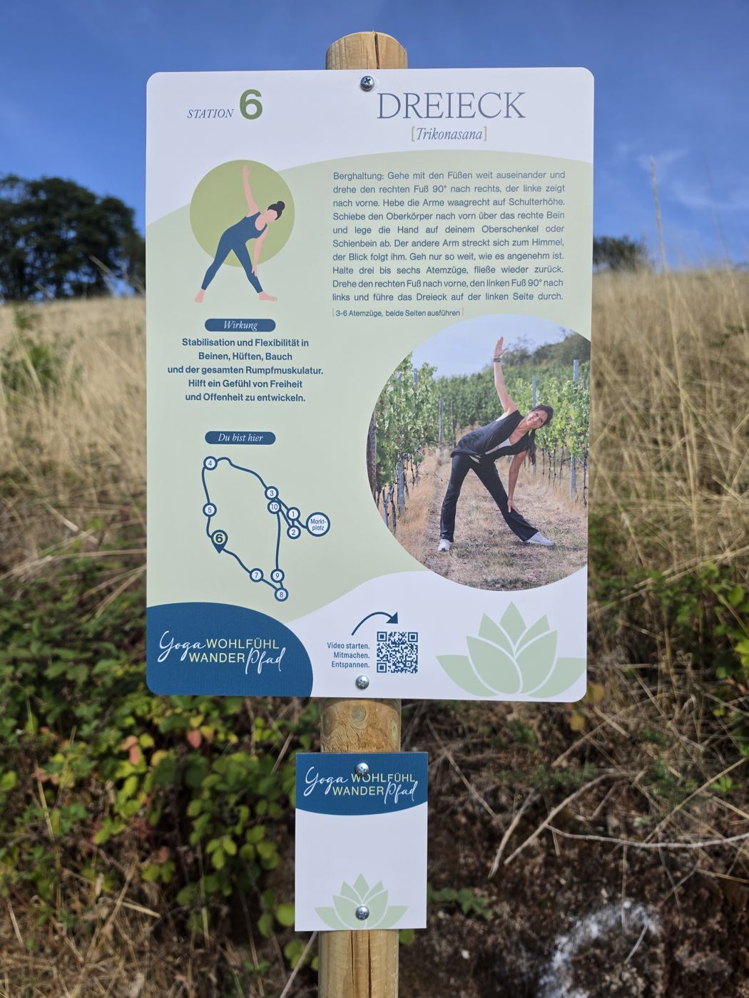 Schild Station 6 Dreieck des Yoga-Wohlfühl-Wanderpfads im trockenen Gras am Hang