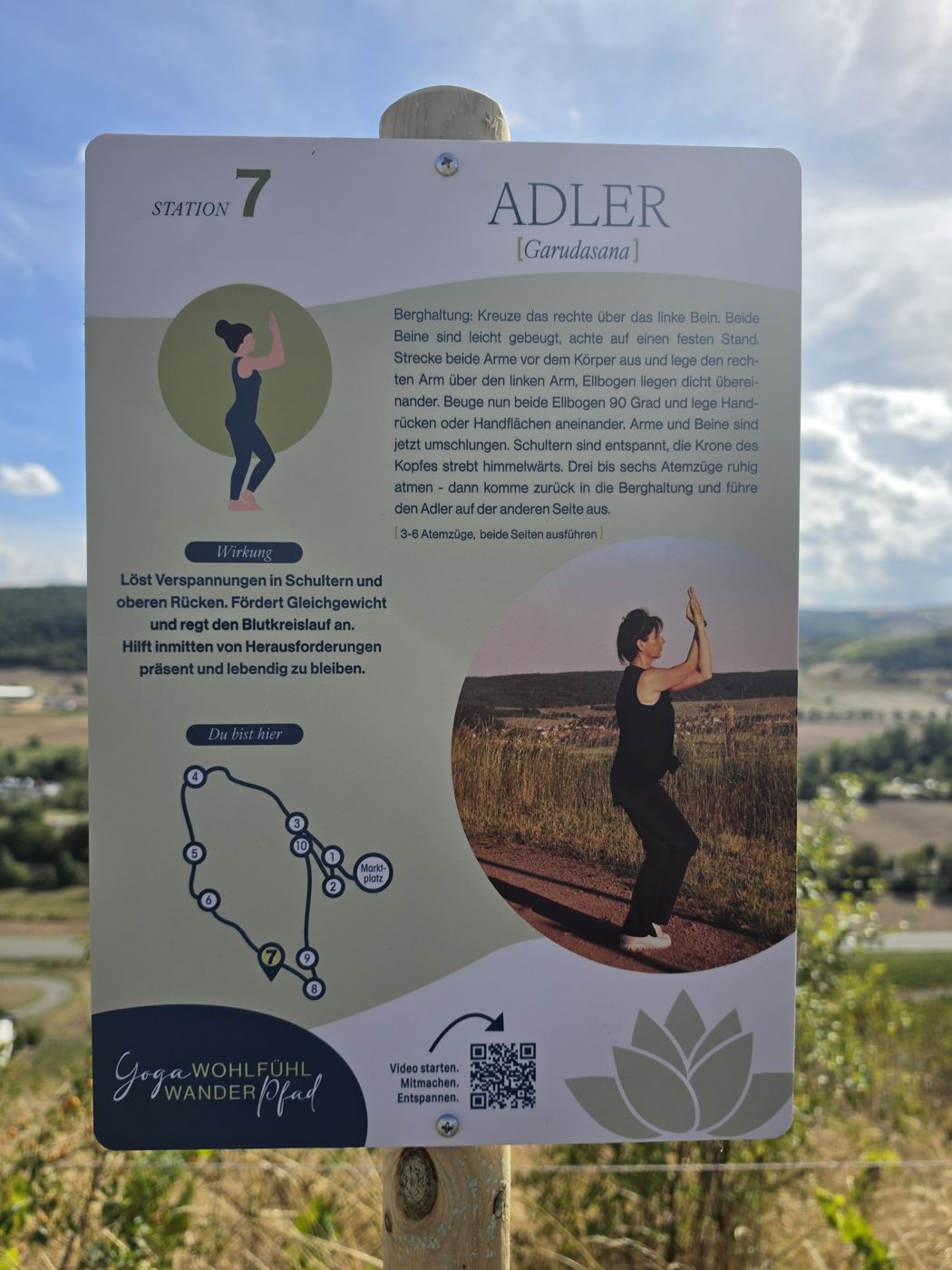 Schild Station 7 Adler des Yoga-Wohlfühl-Wanderpfads über dem Nahetal
